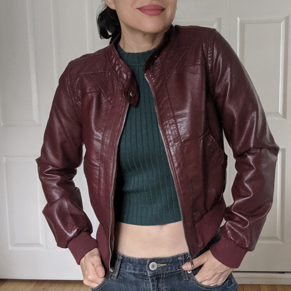 Wine/Red Womens Faux Leather Zip-Up Jacket - Picture 6 of 8